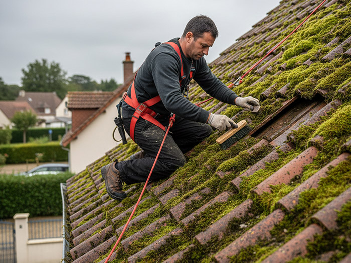 Travaux de demoussage en cours sur toiture tuiles romanes